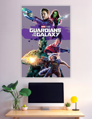 Guardians of the Galaxy Marvel Studios movie poster featuring Star-Lord, Gamora, Groot, Rocket Raccoon, and Drax on a purple background