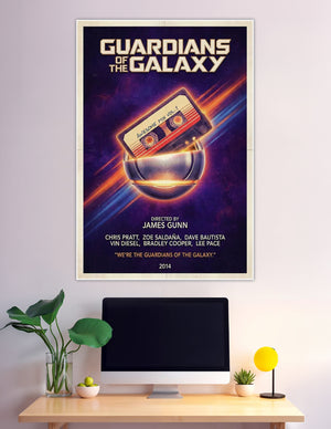 Guardians of the Galaxy 2014 movie poster featuring the Awesome Mix Vol. 1 cassette tape glowing against a purple cosmic space background, directed by James Gunn