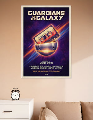 Guardians of the Galaxy 2014 movie poster featuring the Awesome Mix Vol. 1 cassette tape glowing against a purple cosmic space background, directed by James Gunn