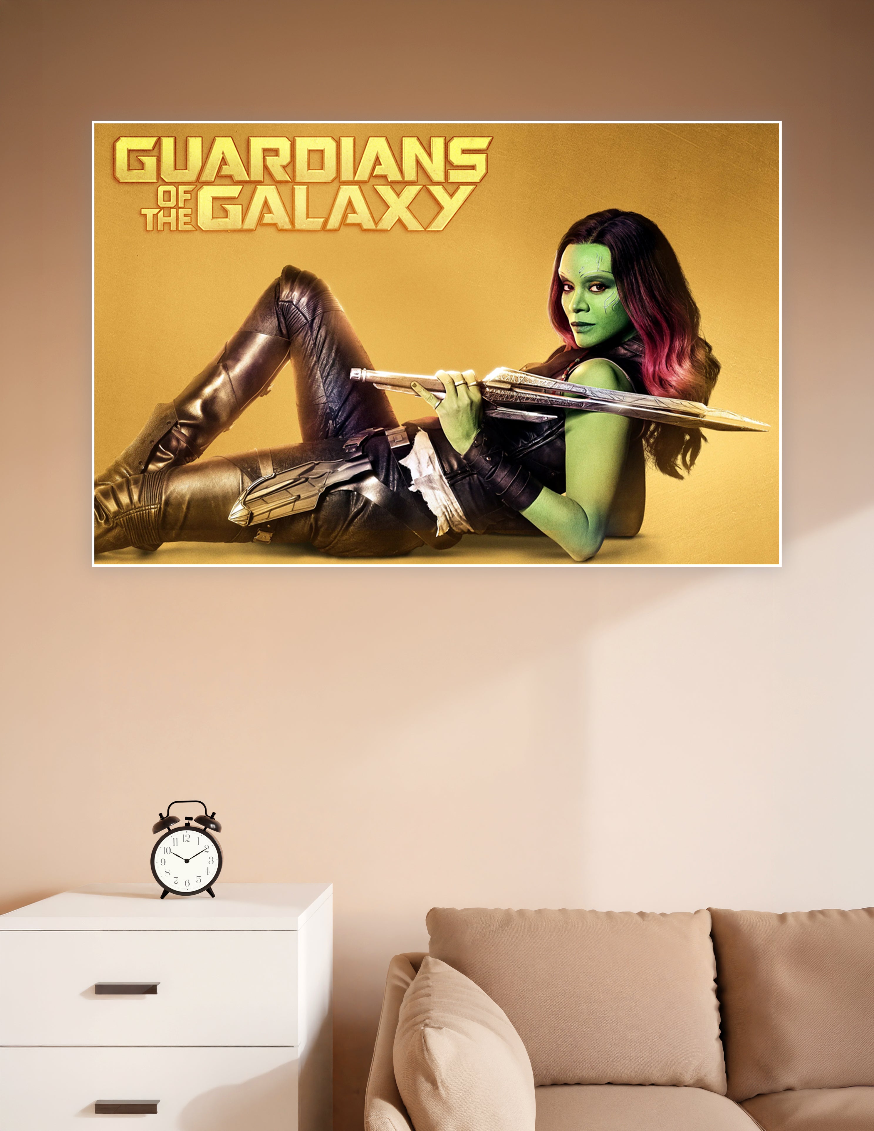 Gamora from Guardians of the Galaxy in black combat suit holding a sword against a golden background, official Marvel movie poster