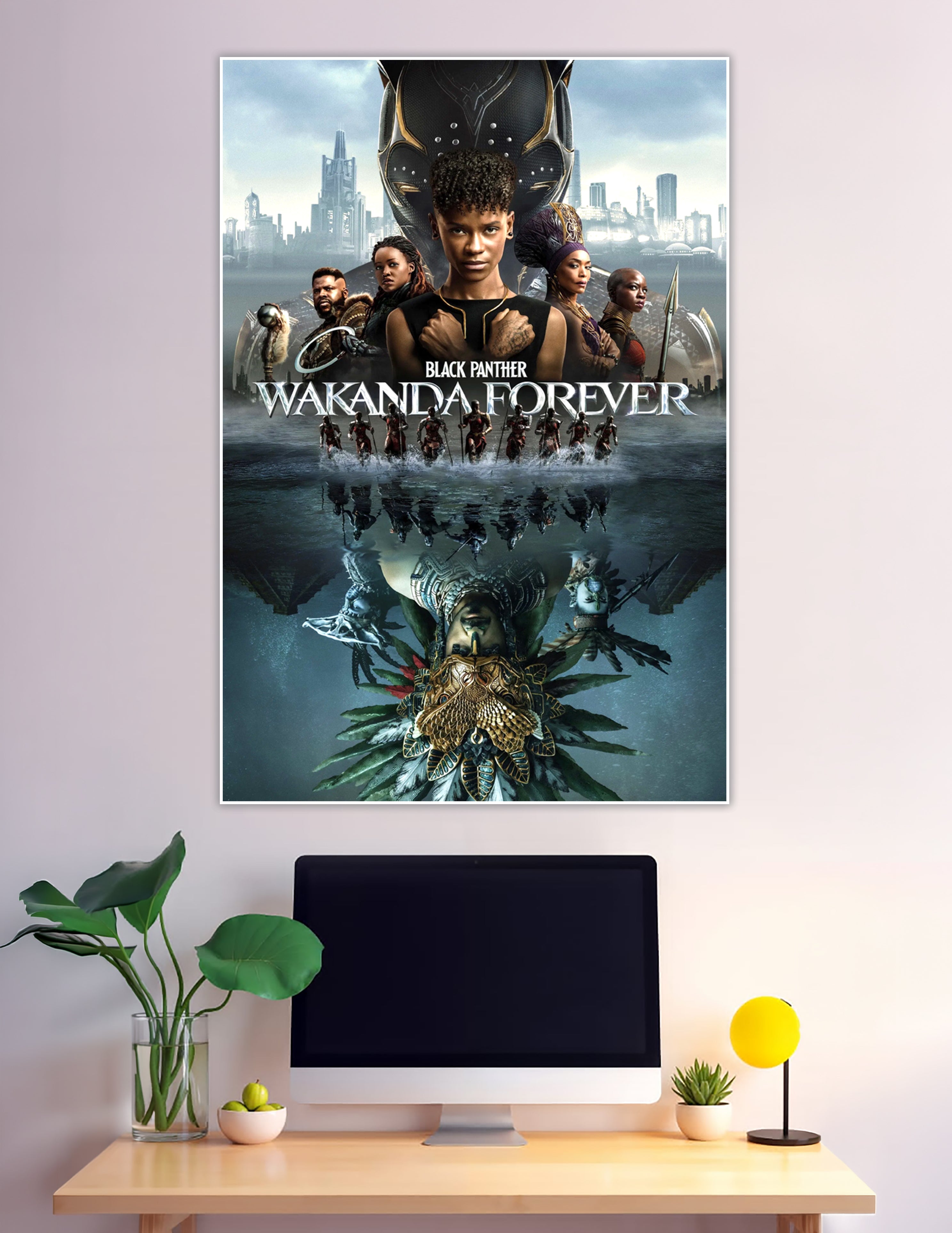 Black Panther Wakanda Forever official movie poster featuring the Wakandan warriors above water and Namor underwater, with the Black Panther suit looming above the cast