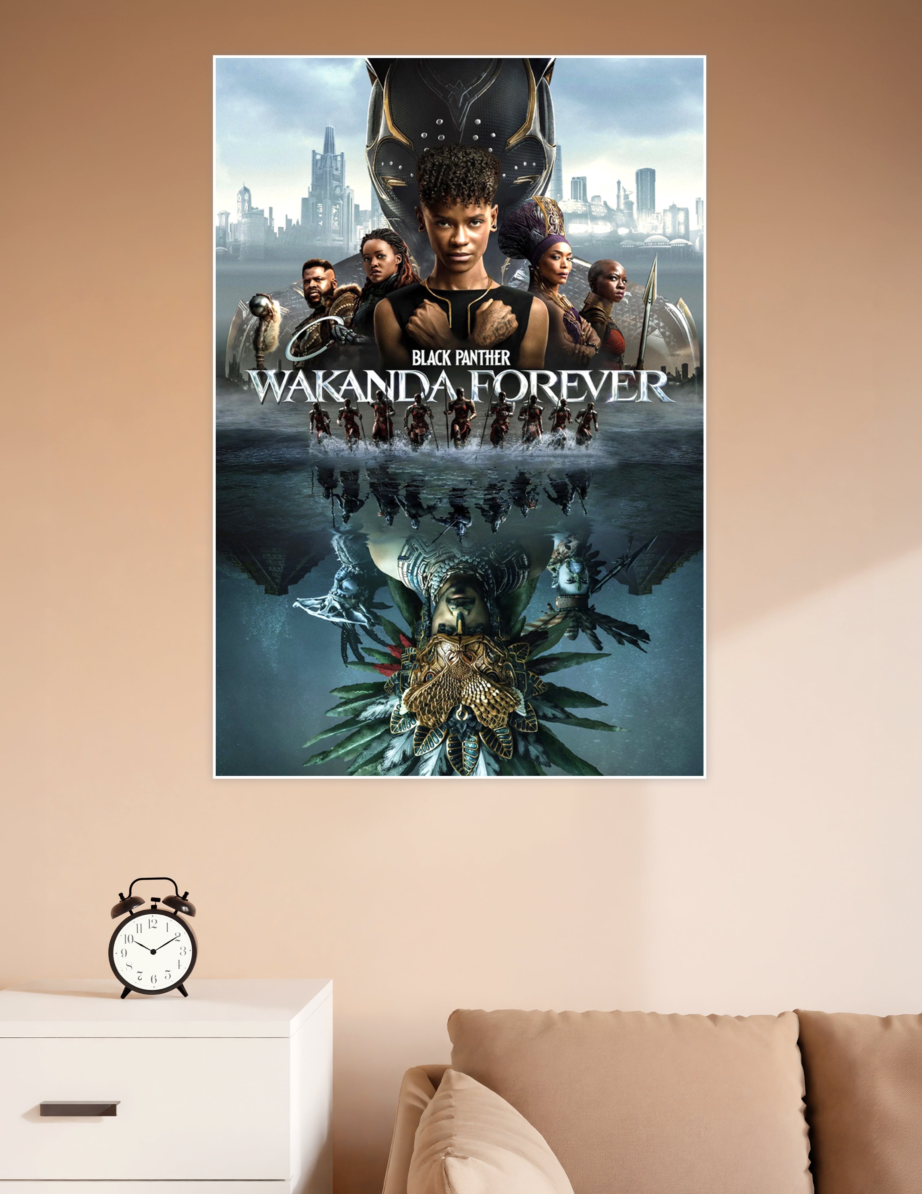 Black Panther Wakanda Forever official movie poster featuring the Wakandan warriors above water and Namor underwater, with the Black Panther suit looming above the cast