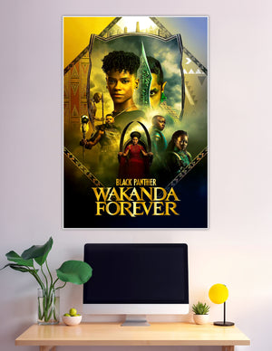 Black Panther Wakanda Forever official movie poster featuring the cast in gold and emerald tones with Wakandan tribal shield frame design