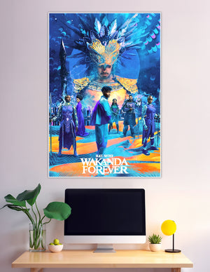 Black Panther Wakanda Forever official movie poster featuring Namor in feathered headdress with Wakandan warriors in vibrant blue and gold tones