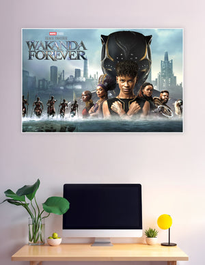 Marvel Studios Black Panther Wakanda Forever movie poster featuring the Black Panther helmet, Shuri, and Wakandan warriors rising from water with the futuristic Wakanda cityscape in the background