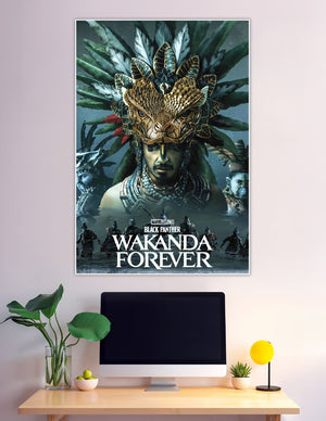 Black Panther Wakanda Forever movie poster featuring Namor wearing a golden serpent headdress with feathers, surrounded by Talokan warriors rising from water