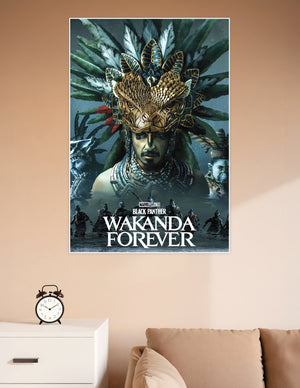 Black Panther Wakanda Forever movie poster featuring Namor wearing a golden serpent headdress with feathers, surrounded by Talokan warriors rising from water