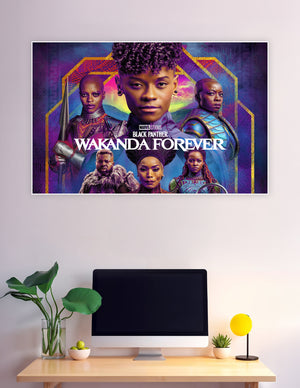 Marvel Studios Black Panther Wakanda Forever official movie poster featuring the full cast in Afrofuturist warrior costumes against a vivid purple and gold background