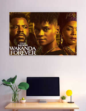 Black Panther Wakanda Forever Marvel Studios movie poster featuring three main characters in dramatic golden lighting