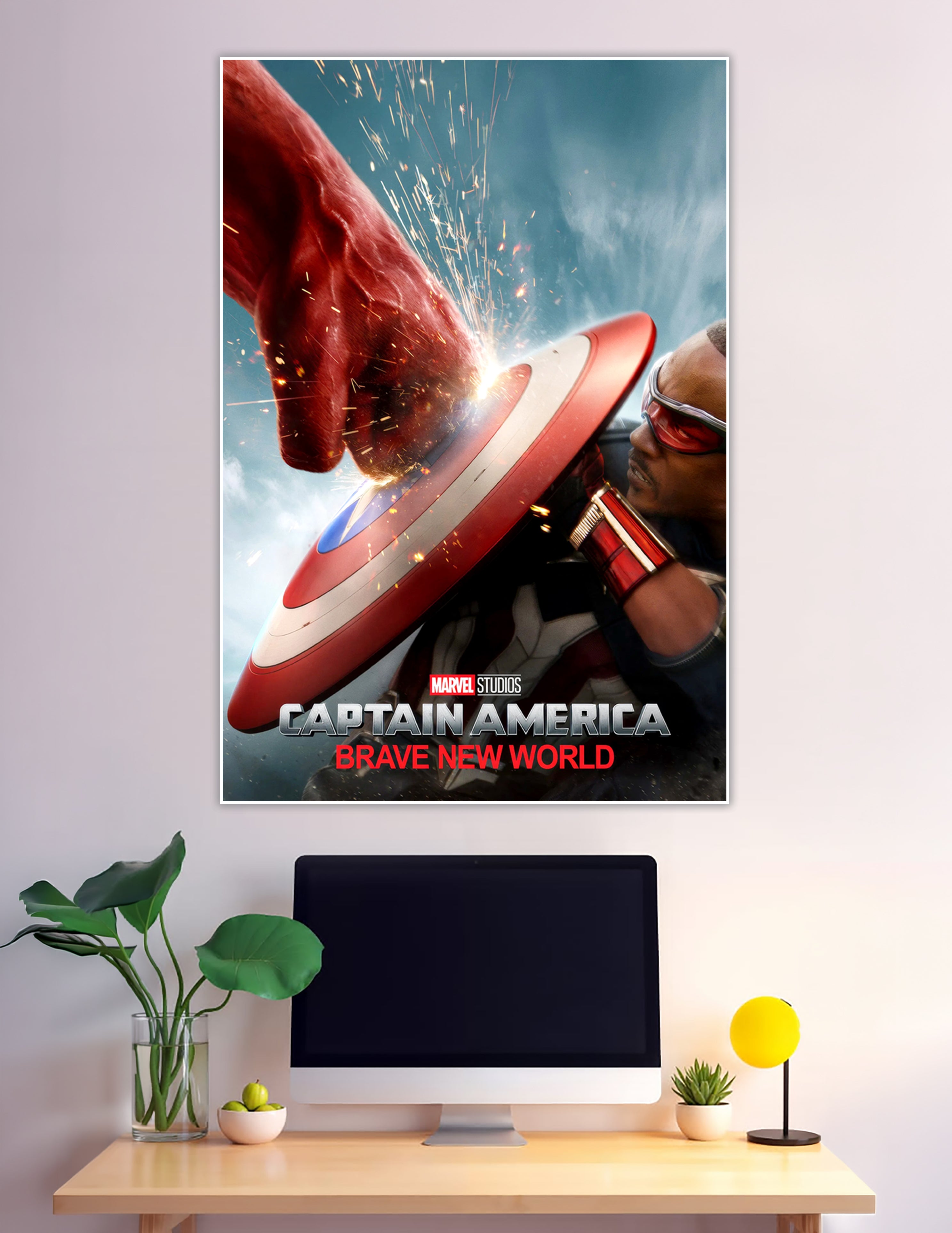 Captain America Brave New World Marvel Studios movie poster showing Sam Wilson blocking a powerful punch with the red white and blue shield amid sparks and a stormy sky