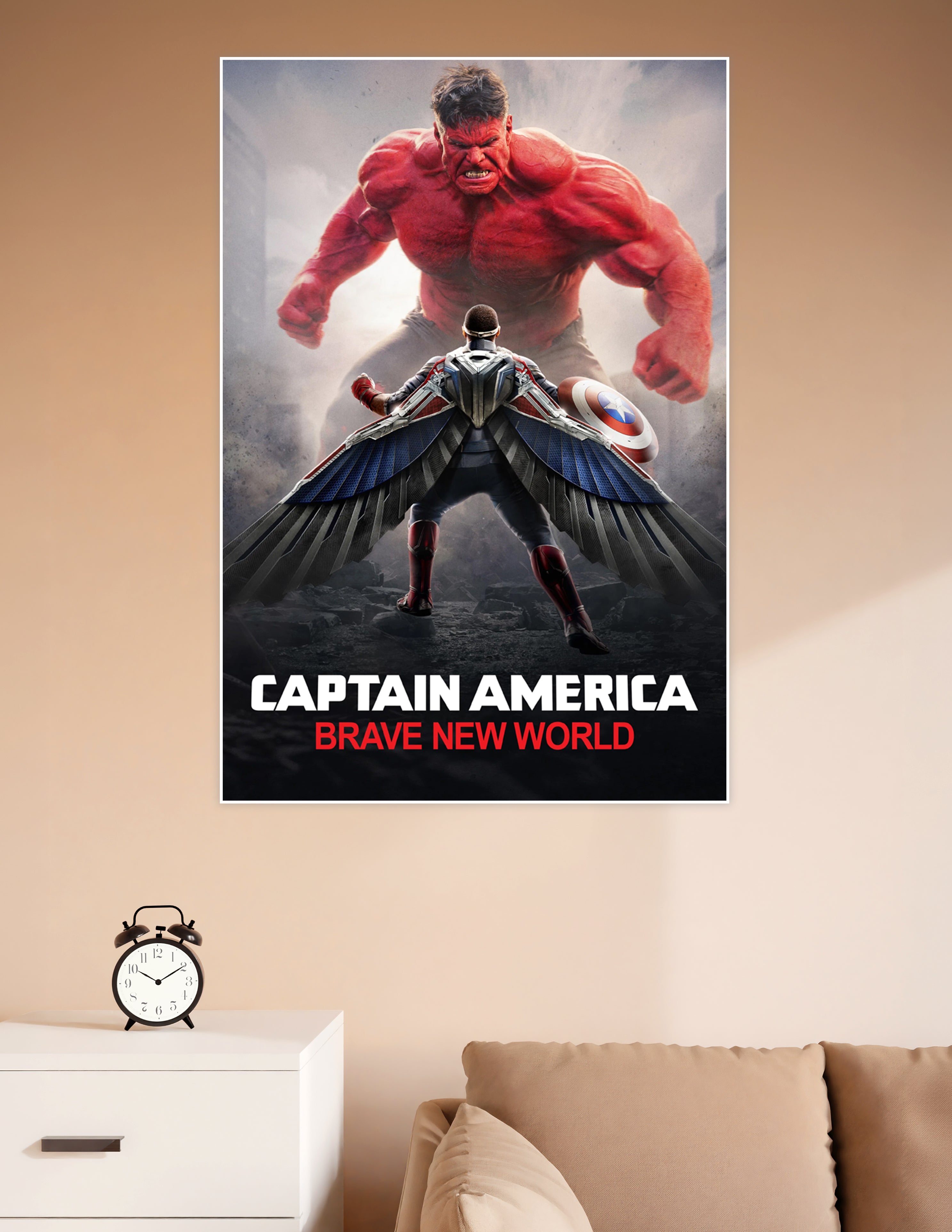 Captain America Brave New World movie poster showing the new Captain America with wings and shield facing the massive Red Hulk in a dramatic battle scene