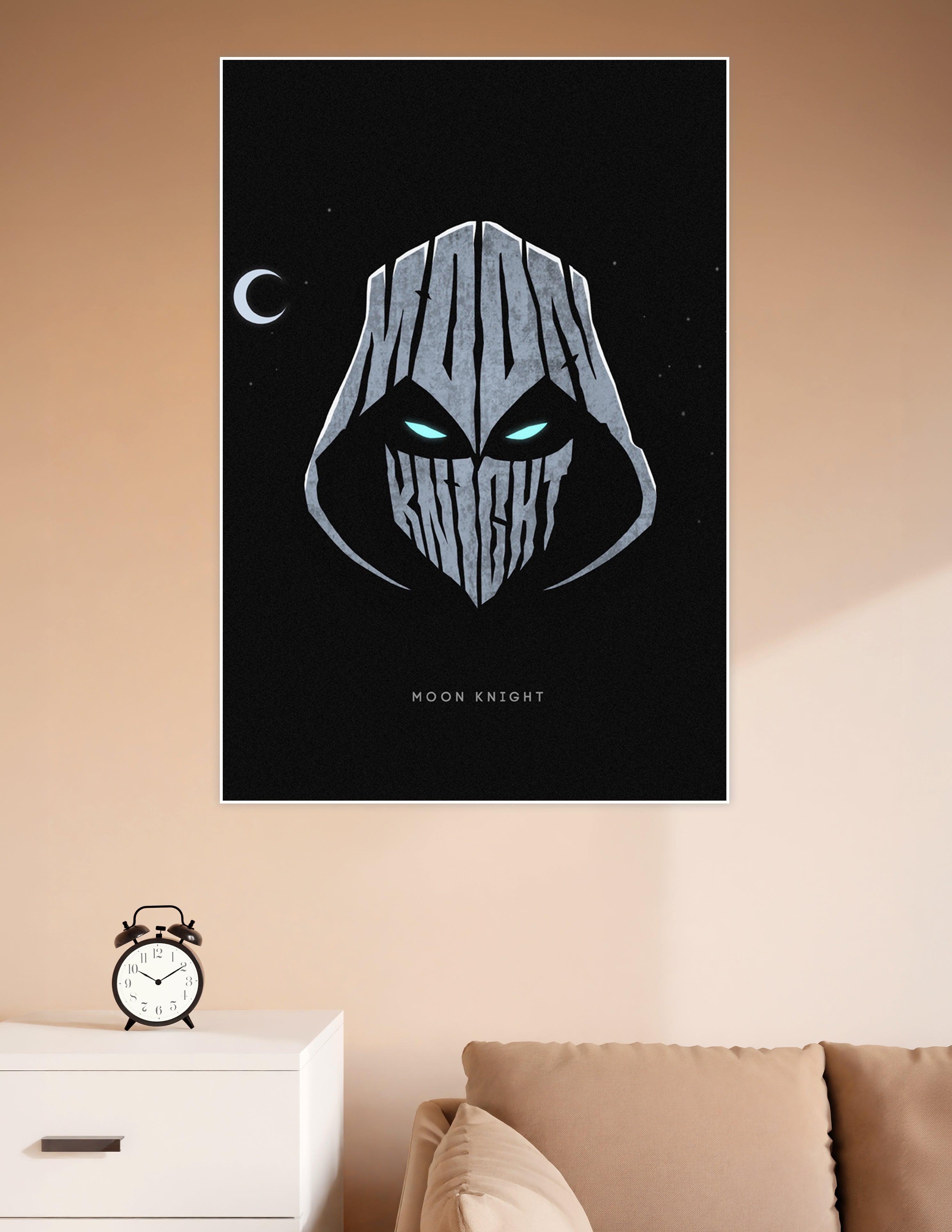 Moon Knight minimalist poster with hooded mask, glowing cyan eyes, bold typography, and crescent moon on black starry background