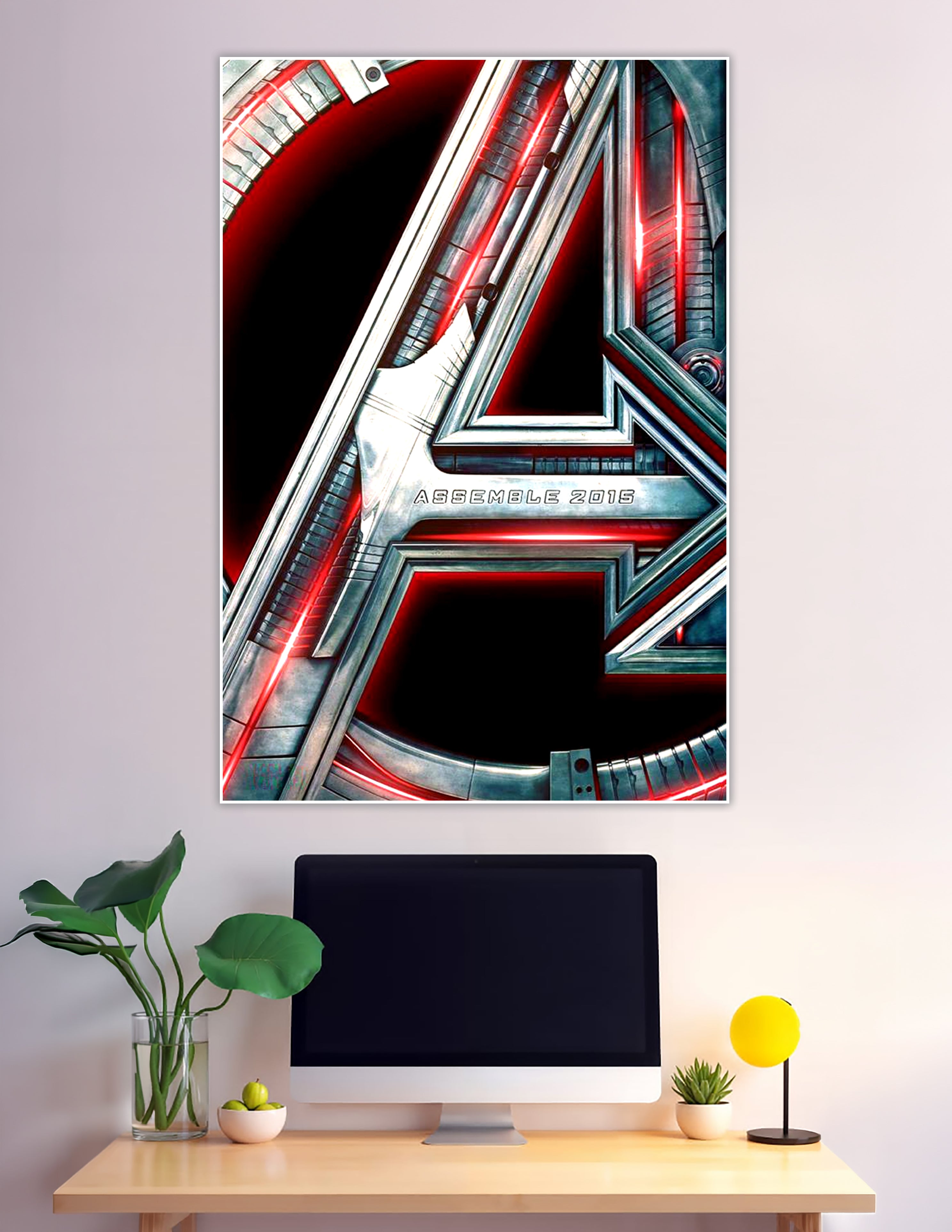 Avengers Age of Ultron Assemble 2015 poster featuring the iconic metallic chrome A logo with glowing red accents on a dark background