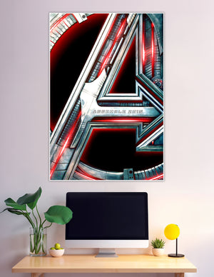 Avengers Age of Ultron Assemble 2015 poster featuring the iconic metallic chrome A logo with glowing red accents on a dark background