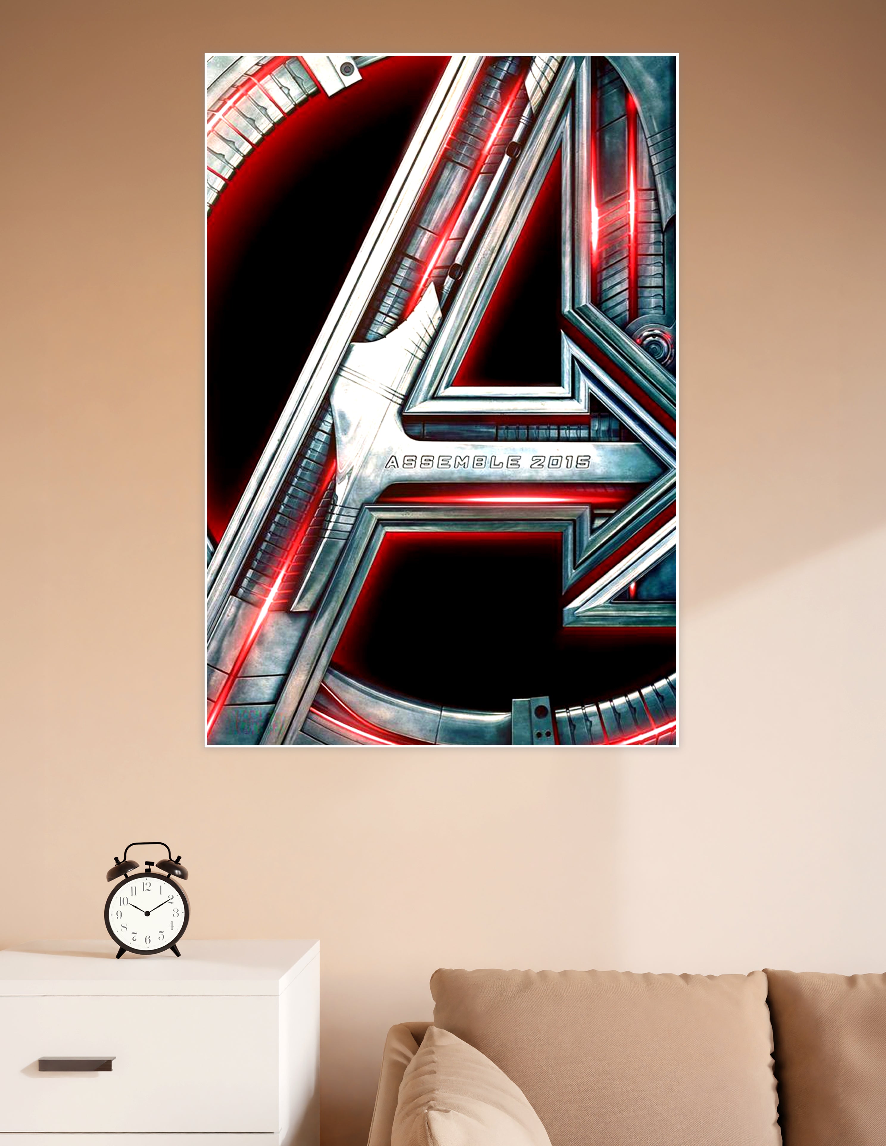 Avengers Age of Ultron Assemble 2015 poster featuring the iconic metallic chrome A logo with glowing red accents on a dark background