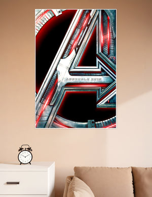 Avengers Age of Ultron Assemble 2015 poster featuring the iconic metallic chrome A logo with glowing red accents on a dark background