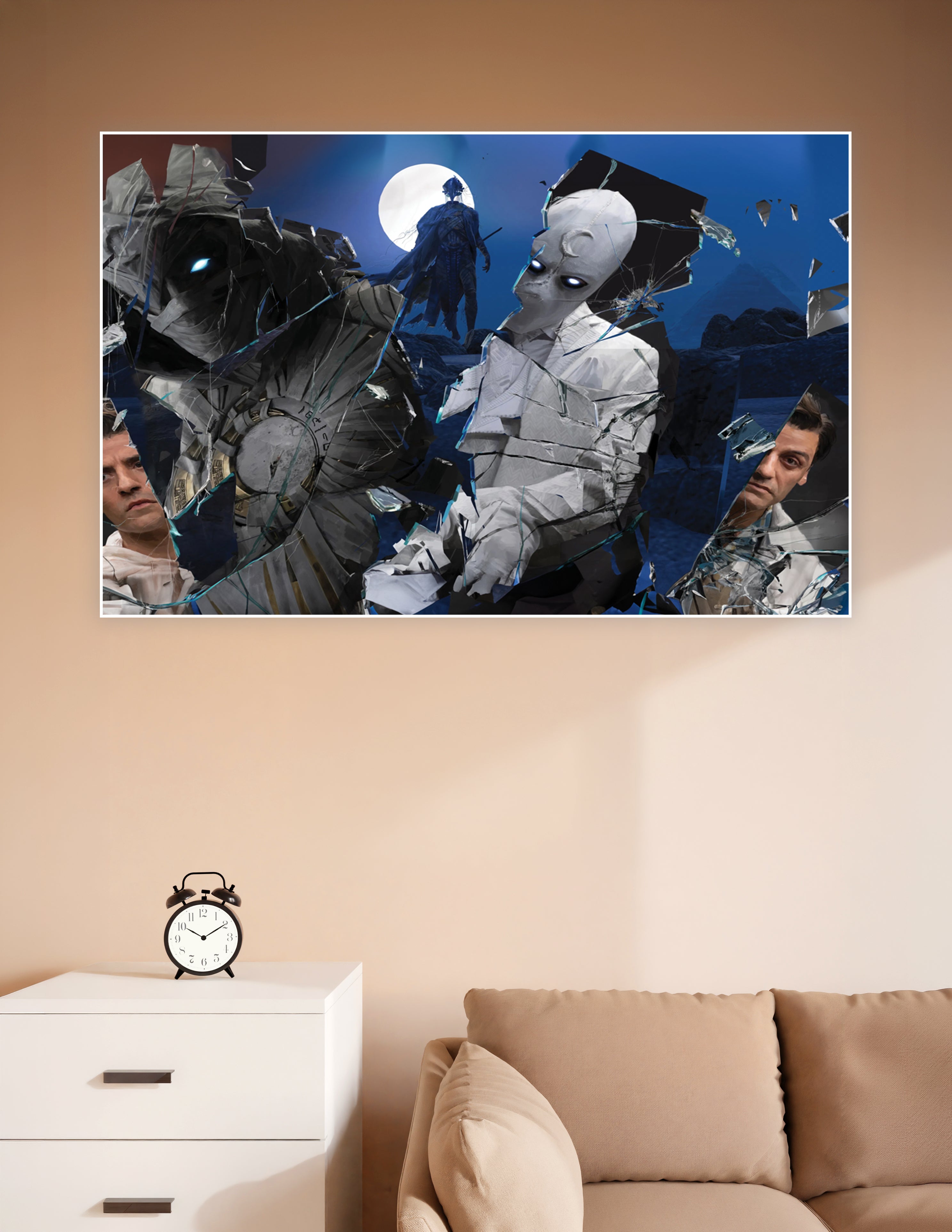 Moon Knight shattered glass collage poster featuring multiple personas, glowing white eyes, armored suits, and a dramatic full moon blue background