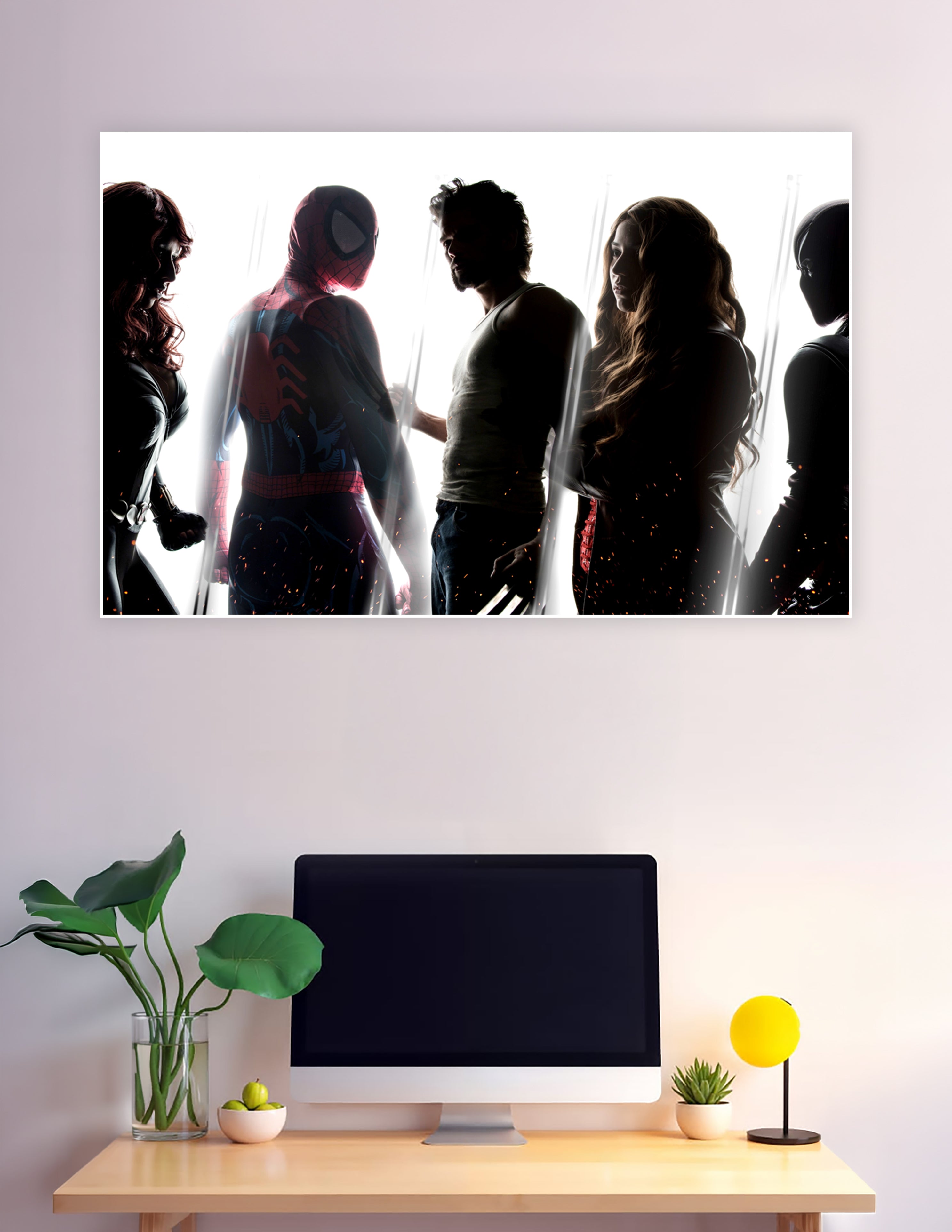 Dramatic backlit silhouette poster of Marvel superheroes including Spider-Man and Wolverine with glowing embers and cinematic lighting