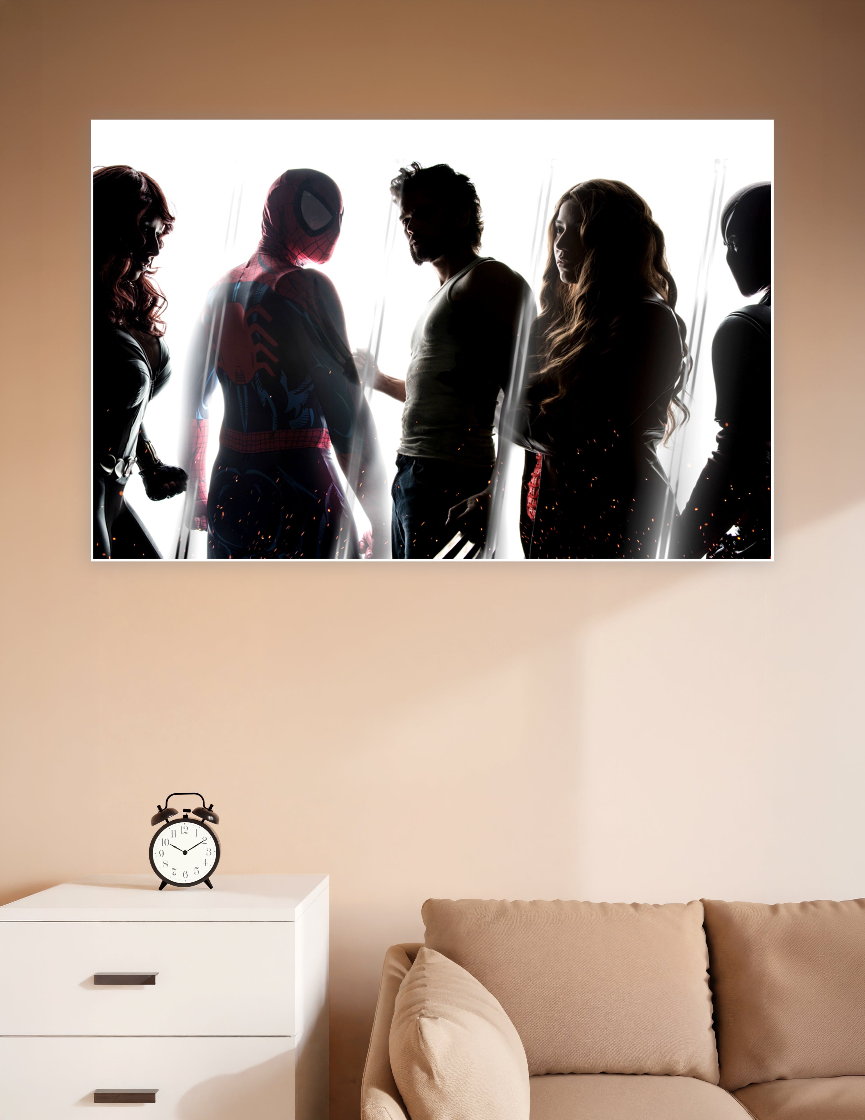 Dramatic backlit silhouette poster of Marvel superheroes including Spider-Man and Wolverine with glowing embers and cinematic lighting