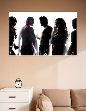 Dramatic backlit silhouette poster of Marvel superheroes including Spider-Man and Wolverine with glowing embers and cinematic lighting