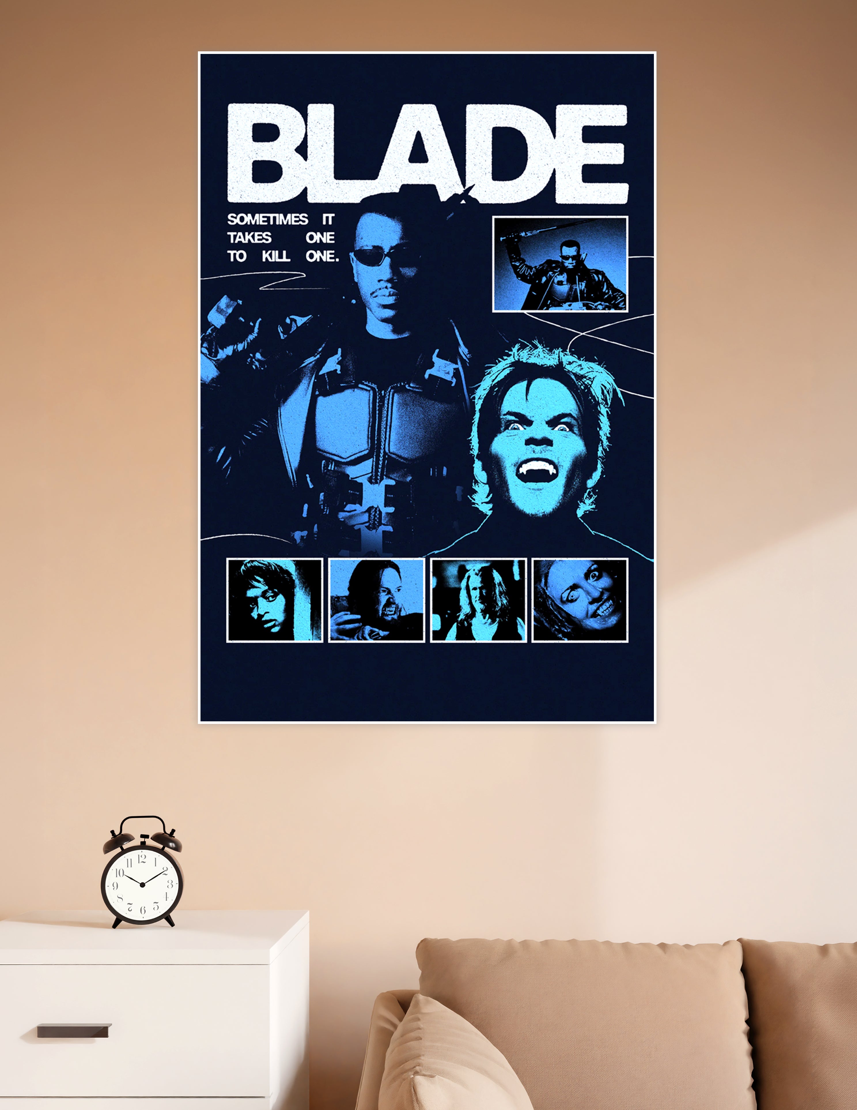 Blade vampire hunter retro movie poster with electric blue duotone design, bold title typography, character panels, and the tagline Sometimes it takes one to kill one