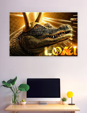Alligator Loki wearing golden horns with dramatic golden background from the Marvel Loki Disney+ series poster