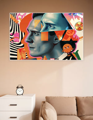 Marvel Studios Loki retro pop art poster featuring photorealistic portrait of Loki with bold orange, pink, and teal geometric pop art design and TVA motifs