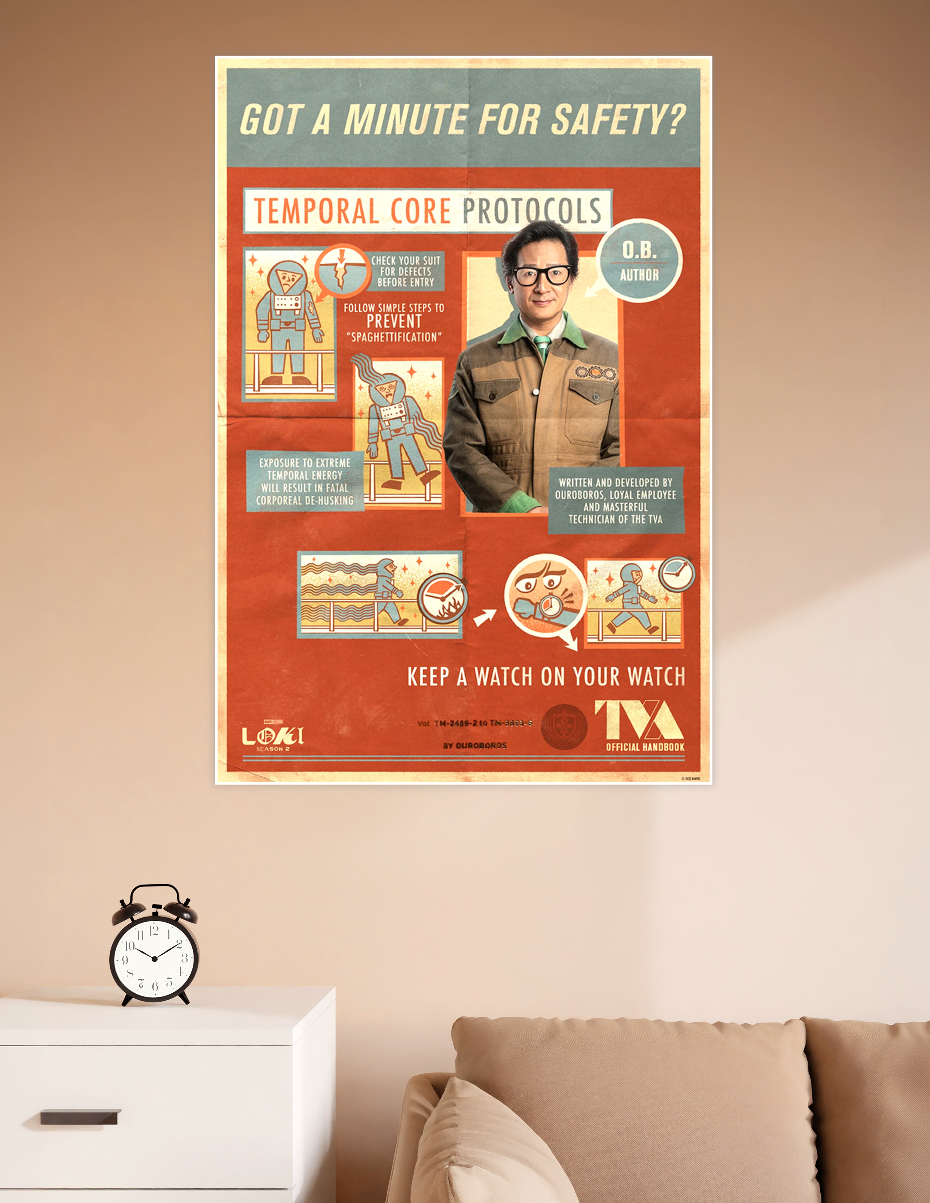Loki Season 2 TVA Temporal Core Protocols retro safety poster featuring O.B. Ouroboros with vintage-style illustrations warning about spaghettification and temporal energy hazards