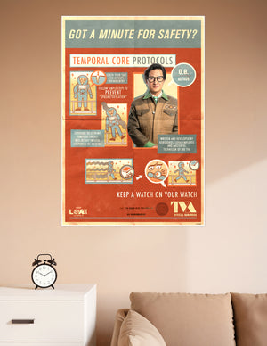 Loki Season 2 TVA Temporal Core Protocols retro safety poster featuring O.B. Ouroboros with vintage-style illustrations warning about spaghettification and temporal energy hazards