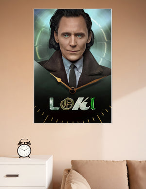 Loki Marvel Disney+ TV series poster featuring the God of Mischief with green eyes, dark coat, clock hands motif, and bold LOKI title in green and gold lettering