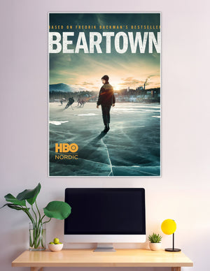 Beartown HBO Nordic poster with frozen lake and hockey players
