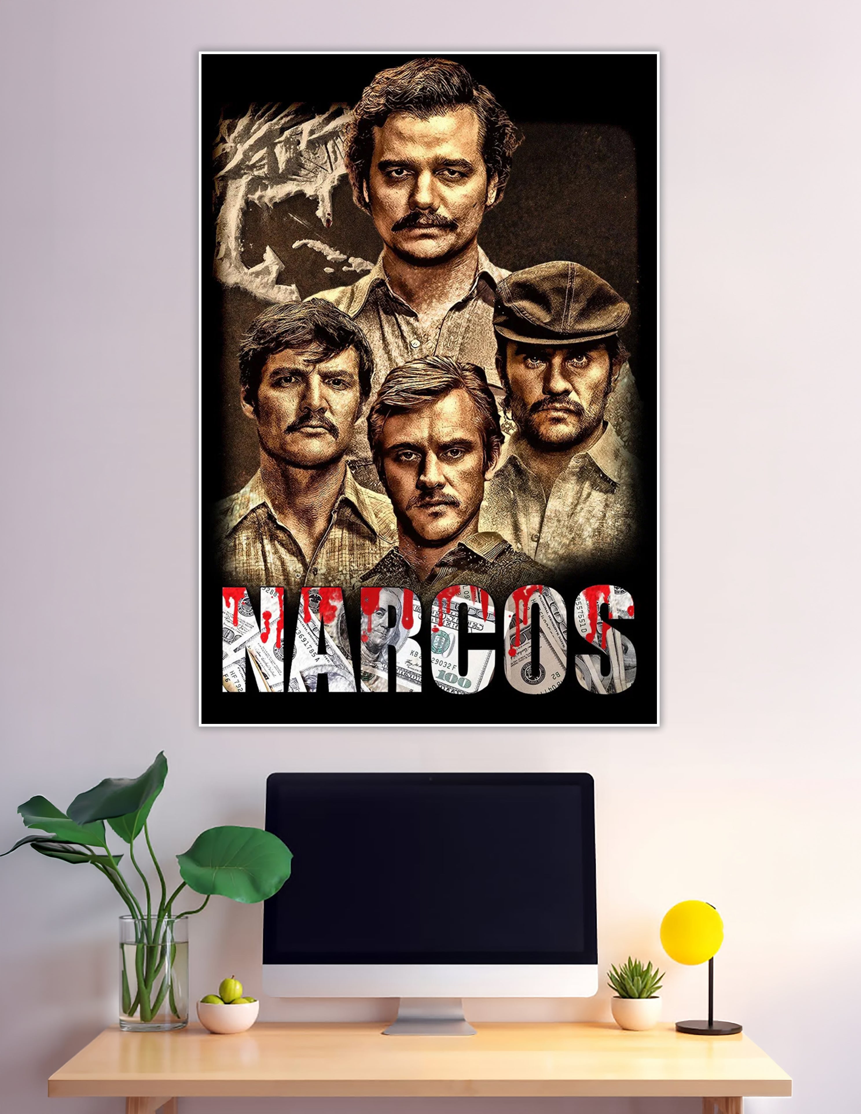 Narcos Netflix TV series poster featuring a sepia-toned cast collage with bold red and dollar bill typography on a dark background
