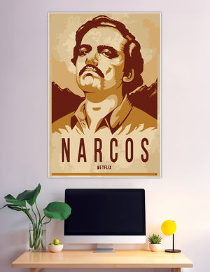 Narcos Netflix vintage sepia propaganda-style poster featuring a dramatic portrait with mountain backdrop and bold title text