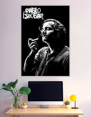 Black and white graphic illustration poster of Pablo Escobar smoking, with bold comic-style linework and his name in graffiti lettering on a dark background