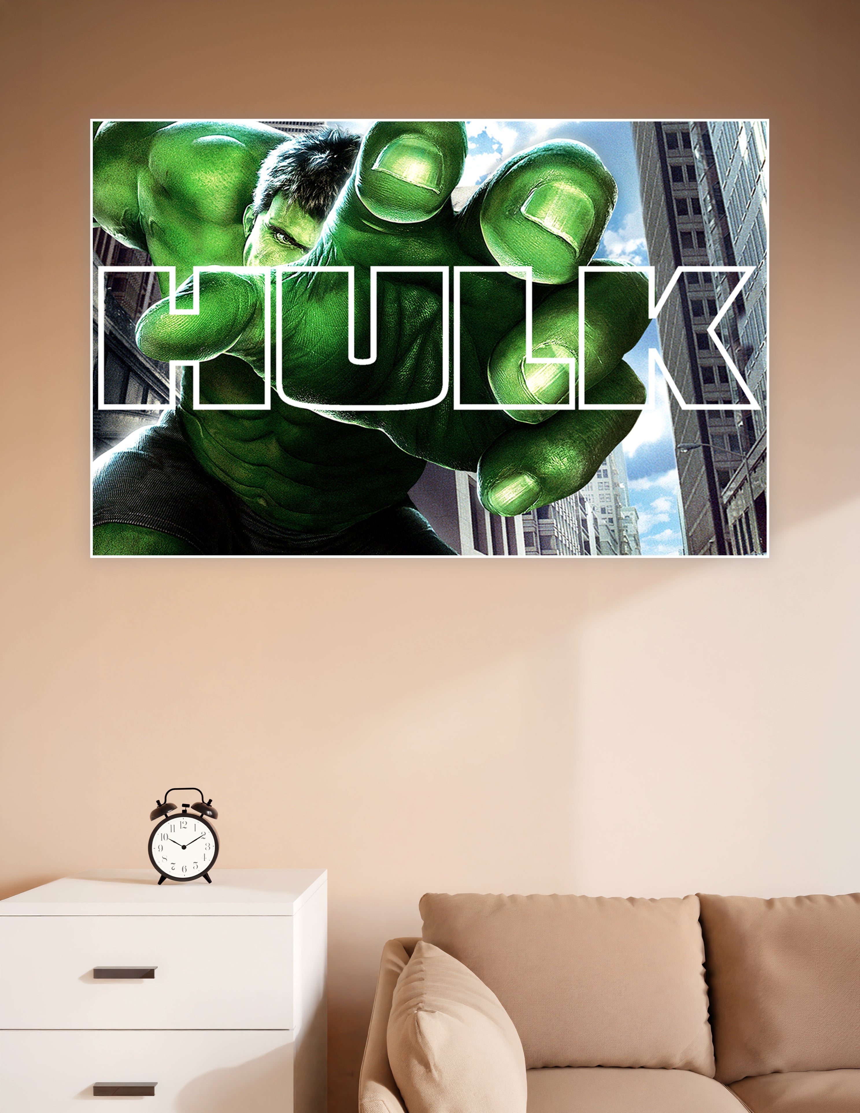 The Incredible Hulk extending a massive green fist toward the viewer with bold HULK title text and city skyline background