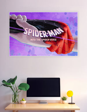 Spider-Man Into the Spider-Verse poster showing Miles Morales and Peter Parker fist bump in red and black spider suits against a vibrant purple halftone background