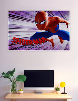Spider-Man Into the Spider-Verse animated movie poster featuring Spider-Man leaping forward in red and blue suit against a purple comic-book burst background