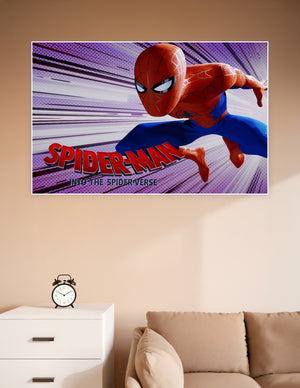 Spider-Man Into the Spider-Verse animated movie poster featuring Spider-Man leaping forward in red and blue suit against a purple comic-book burst background