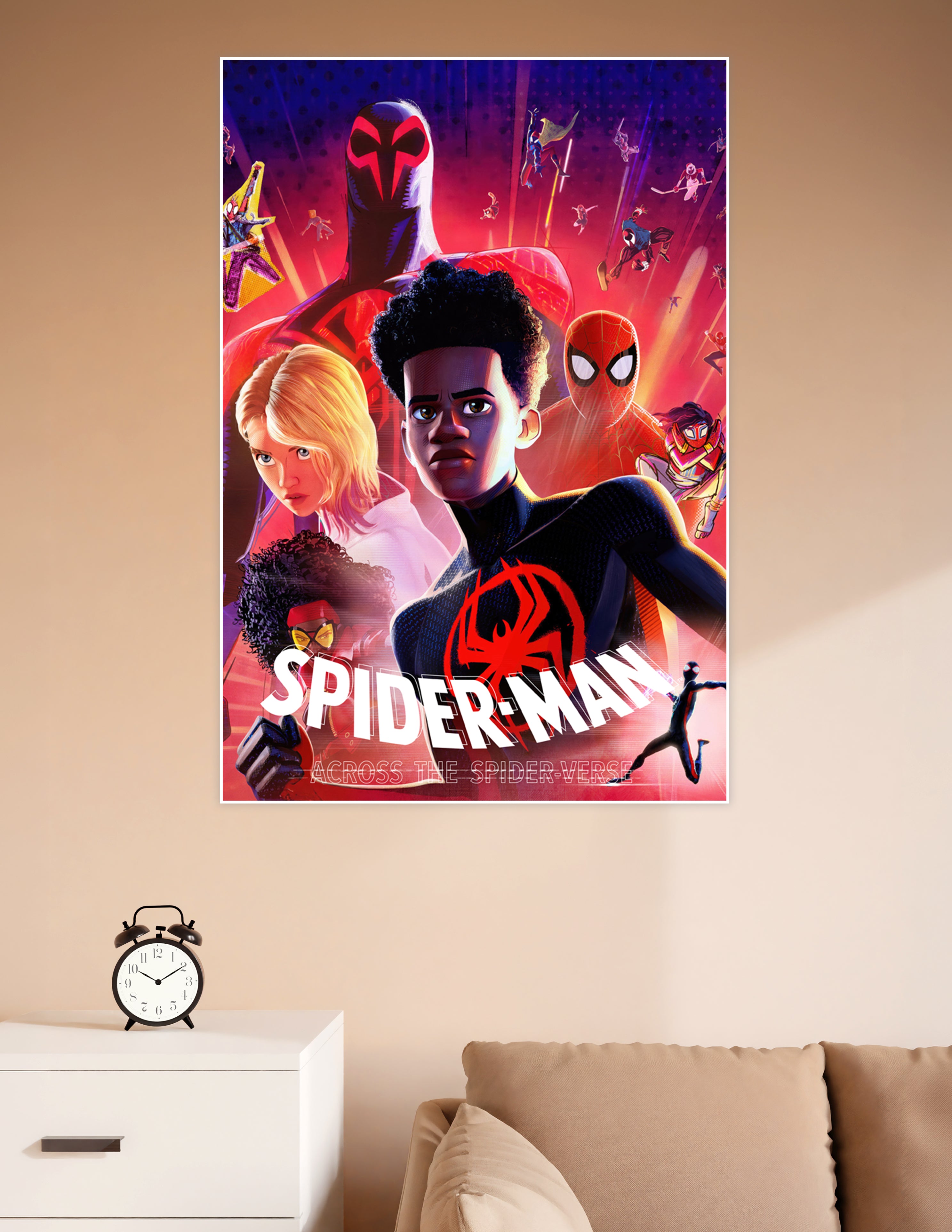 Spider-Man Across the Spider-Verse movie poster featuring Miles Morales in his black and red suit surrounded by Gwen Stacy, Spider-Man 2099, and multiple Spider-heroes against a vivid red and purple background