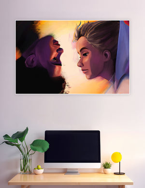 Digital art poster of a heroic figure facing a shadowy villain in a dramatic golden and violet light confrontation scene