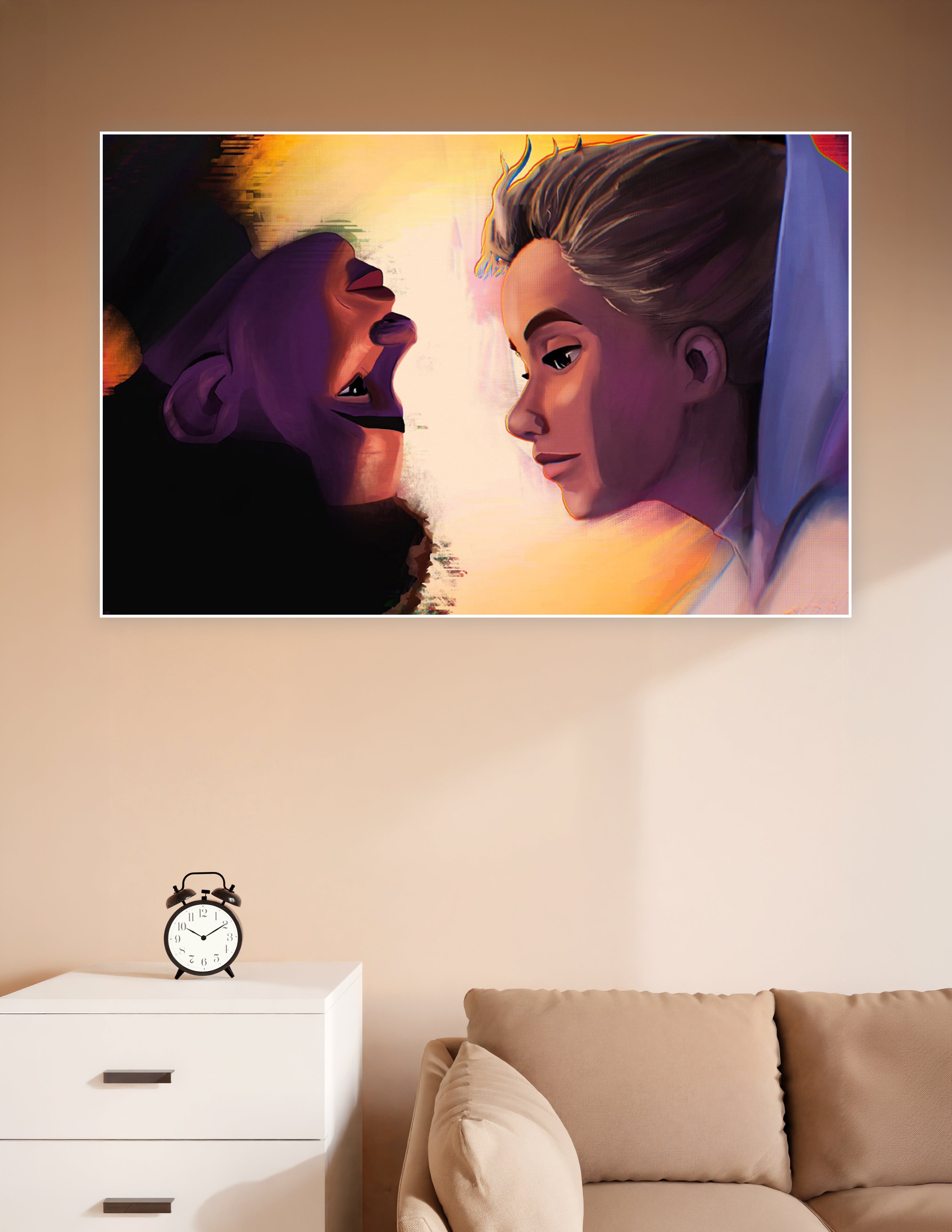 Digital art poster of a heroic figure facing a shadowy villain in a dramatic golden and violet light confrontation scene