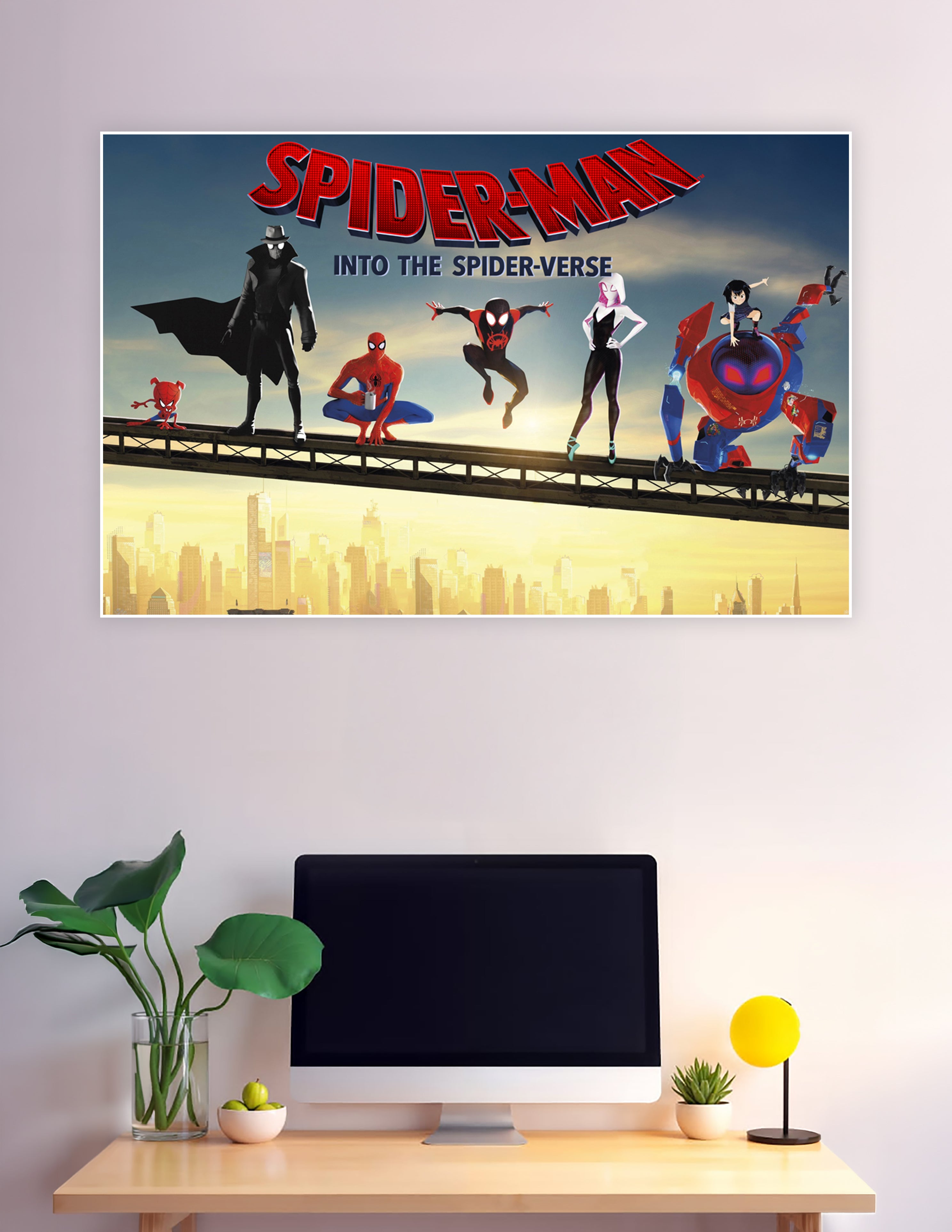 Spider-Man Into the Spider-Verse animated movie poster featuring Miles Morales, Spider-Gwen, Spider-Man Noir, Peni Parker, SP//dr, and Peter B. Parker standing on a bridge above the New York City skyline