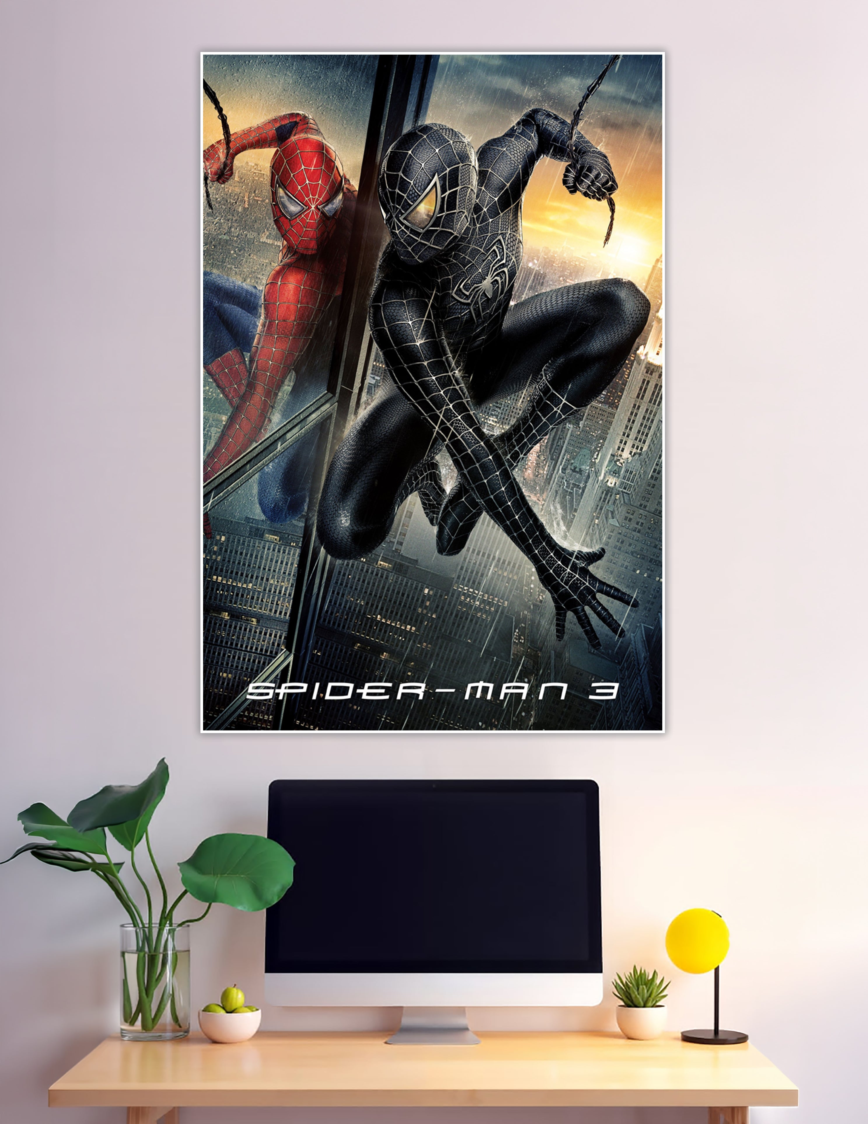 Spider-Man 3 movie poster showing red suit and black symbiote suit side by side on a New York City skyscraper at dusk