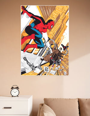 Spider-Man leaping across a golden New York City skyline facing Doctor Octopus in a bold comic-art style poster labeled Spider-Man 2