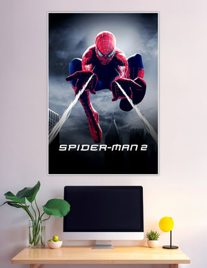 Spider-Man 2 official movie poster showing Spider-Man web-slinging toward the viewer against a dramatic stormy New York City skyline
