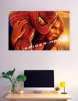 Spider-Man 2 movie poster featuring Spider-Man holding Mary Jane against a dramatic golden New York City skyline
