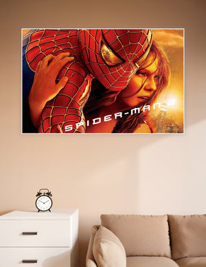 Spider-Man 2 movie poster featuring Spider-Man holding Mary Jane against a dramatic golden New York City skyline