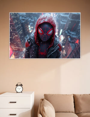 Miles Morales Spider-Man in black and red suit with red hoodie covered in snow, standing above a glowing neon city skyline at night