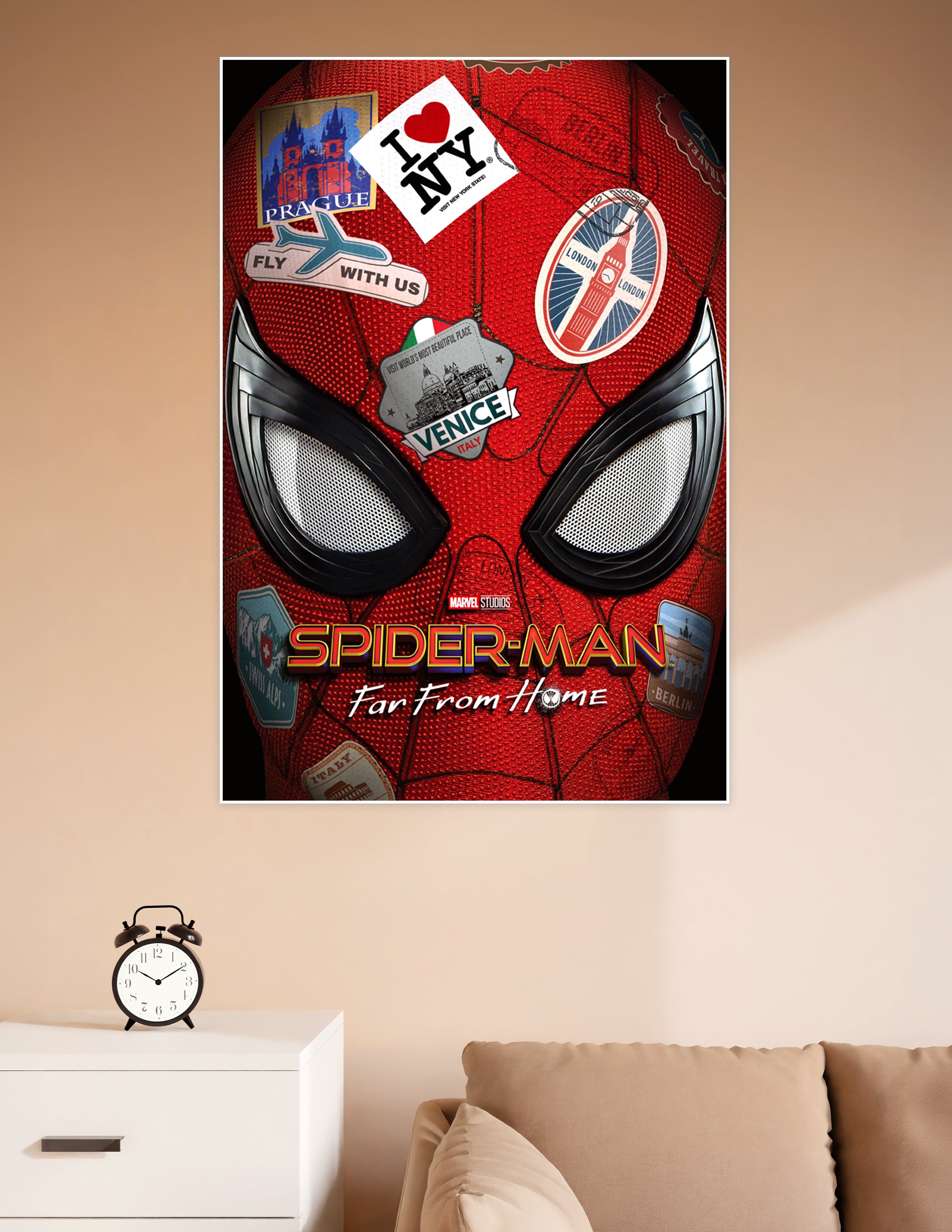 Spider-Man Far From Home movie poster featuring a close-up of Spider-Man's red mask covered in travel stickers from New York, London, Venice, Prague, and Berlin