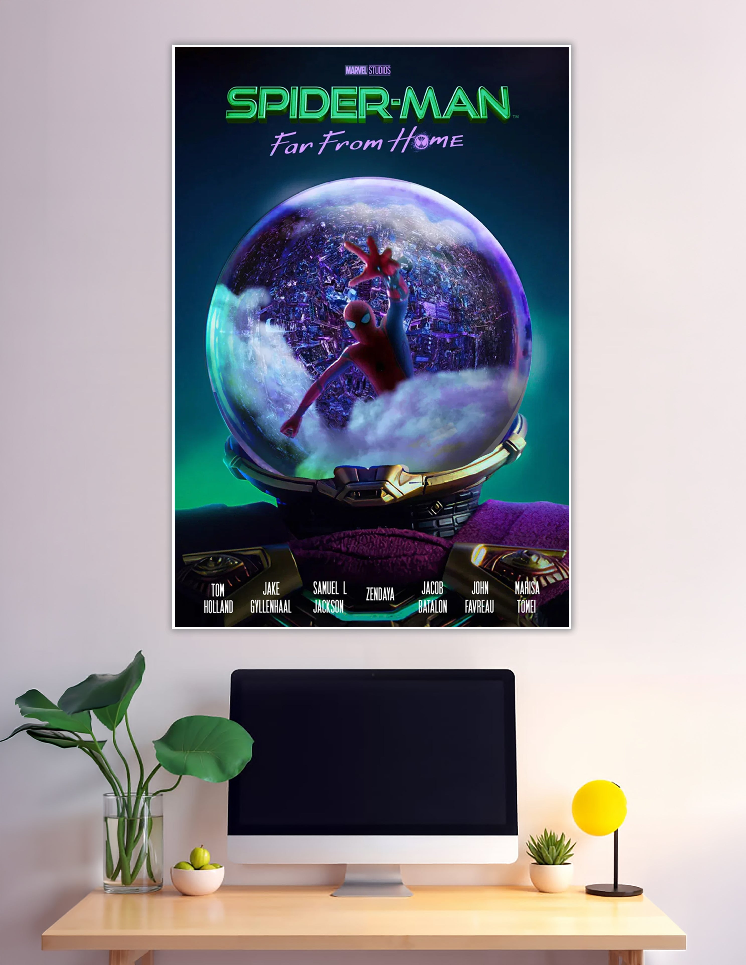 Spider-Man Far From Home Marvel Studios movie poster featuring Spider-Man inside Mysterio's glowing fishbowl helmet with a cityscape globe on a teal background